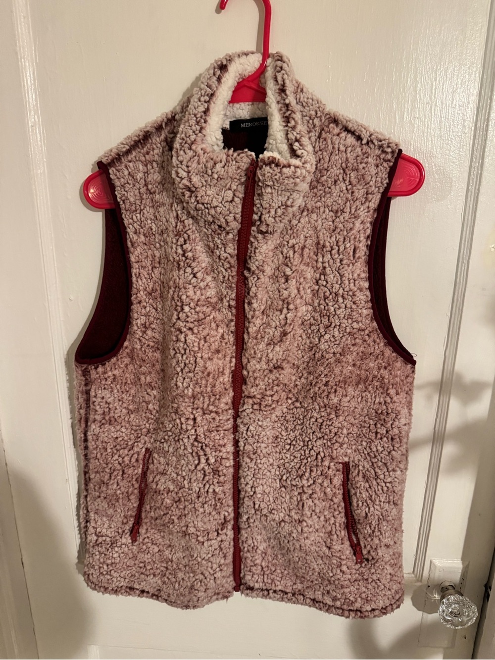 Dusty Pink Sherpa Zip Vest with Maroon Trim